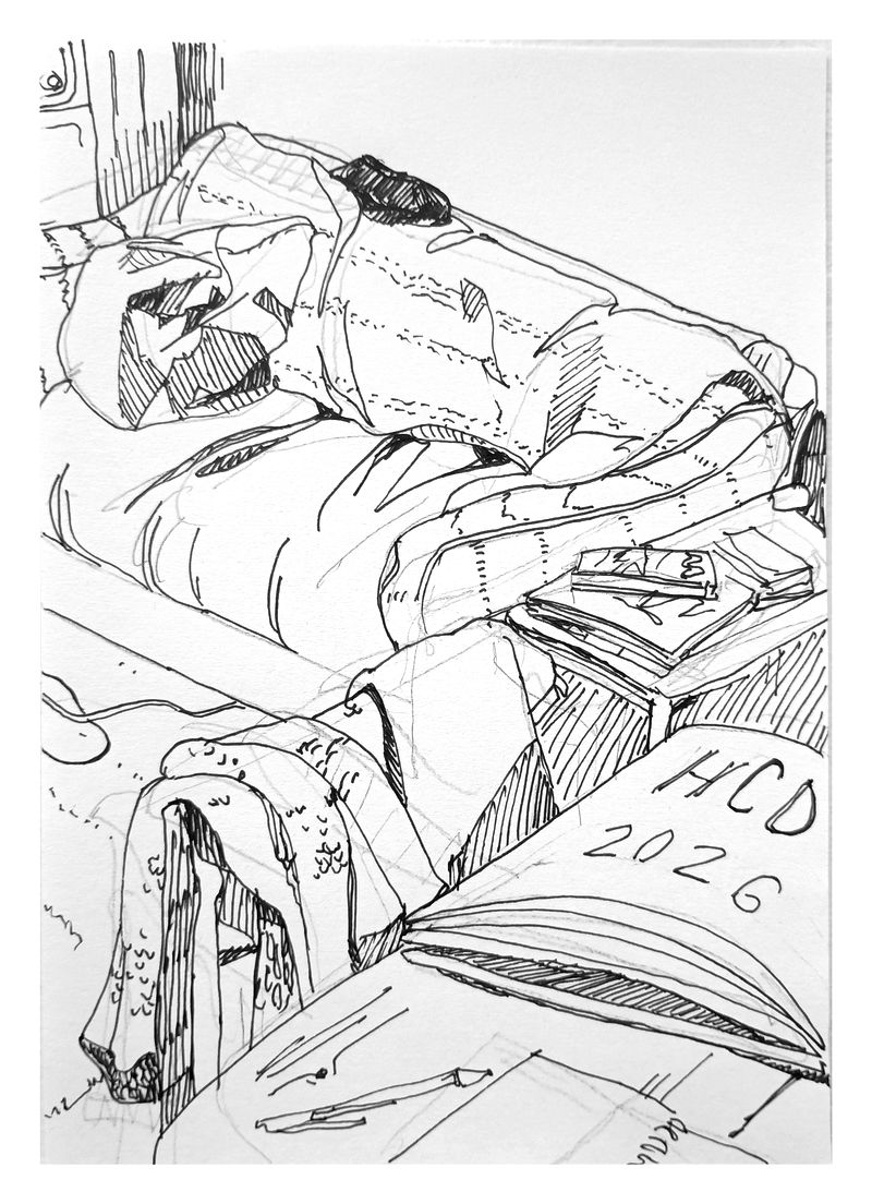 Front page shows a cutout of my messy living room, couch with pillows, books on tables, in the front one open with the text 'HCD 2026'.