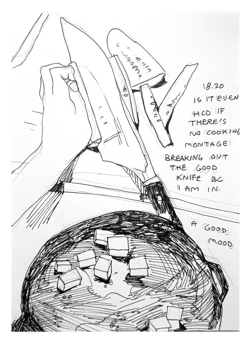 closeup of my hand, I'm cutting zucchini and underneath cubes are frying on a pan. Text reads: '18.20 Is it even HCD if there's no cooking montage. Breaking out the good knife bc I am in a good mood'.