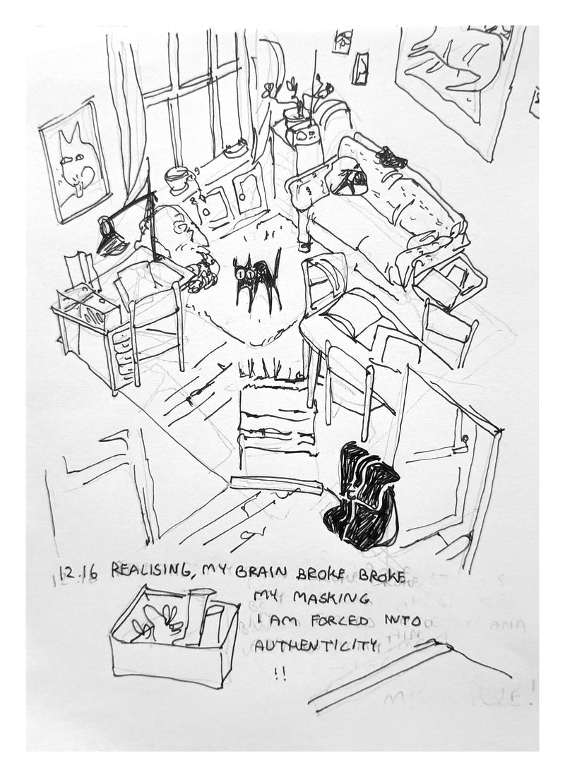 Drawing of my entire living room, with me, as a black cat, standing shocked in the middle. Text reads:'12.16 Realising, my brain broke broke my masking I am forced into authenticity !!'