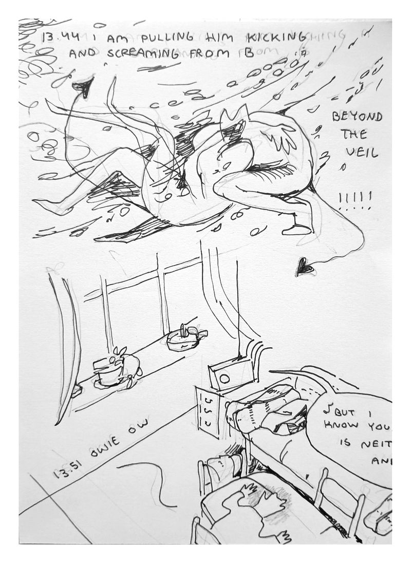 Two devils fight each other under a strange, windy pattern. Text reads: '13.44 I am pullong him kicking and screaming from b behind the veil !!!!!'. Underneath I am facedown at the table, head hazy. Text reads: '13.51 owie ow'. Radio is still playing 'all night, all day'