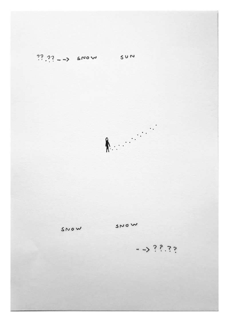 Tiny tiny me on a walk on the blank apge, leaving footprints. Text reads: '??.?? --> snow sun snow snow --> ??.??'