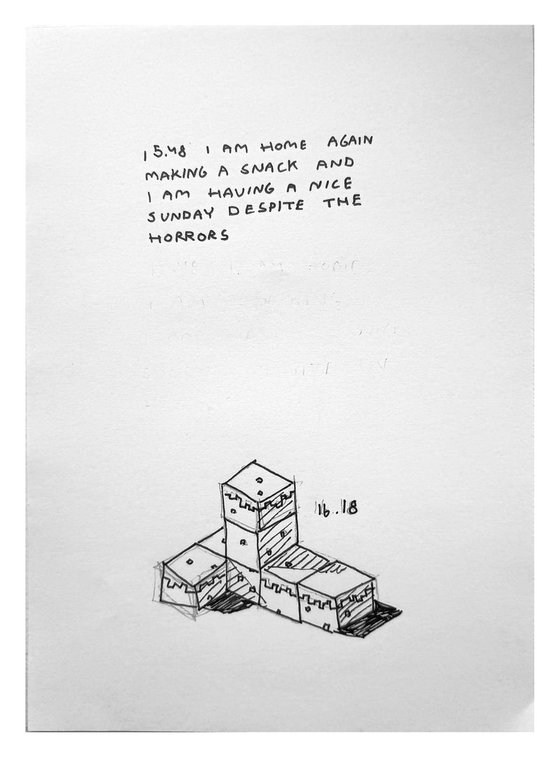 Text reads: '15.48 I am home again and making a snack and having a nice sunday despite the horrors'. Underneath is a wonky drawing of MINECRAFT DIRT BLOCKS and the timestamp 16.18.