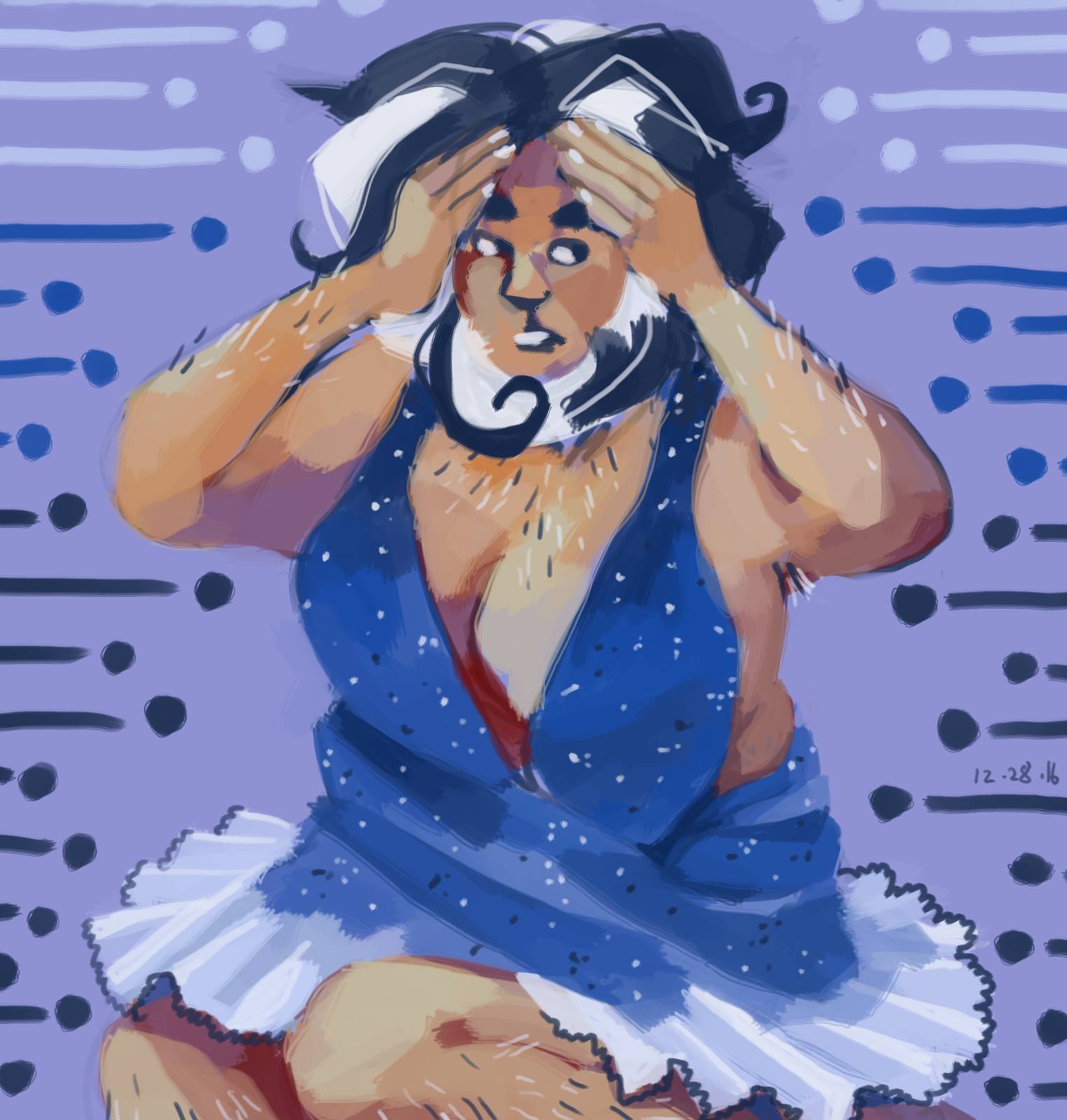 Salt and pepper haired lion in a blue dress seems to be having some kind of crisis.