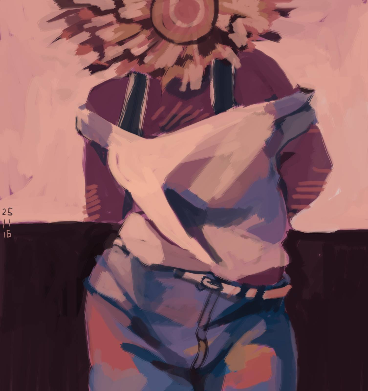 flowerlike lionlike humanlike posing in a white shirt and jeans.