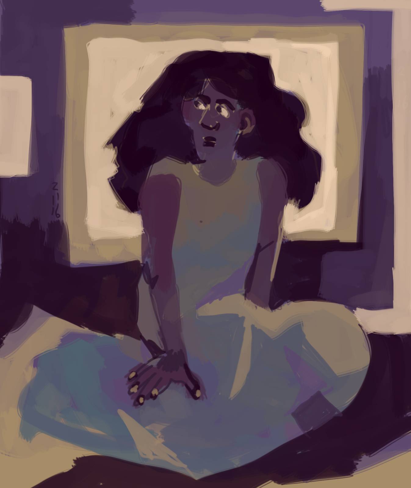 dark skinned person sitting in a dress on the ground, their upper body and head framed by a light square