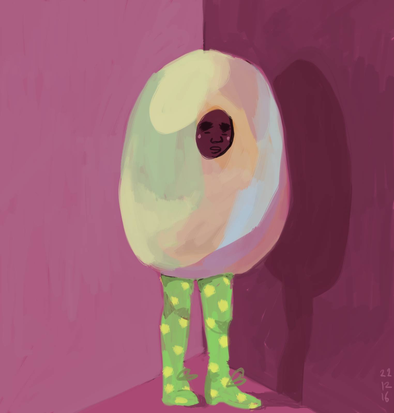 Someone standing in a corner in a huge egg suit. Their legs are green with yellow dots.