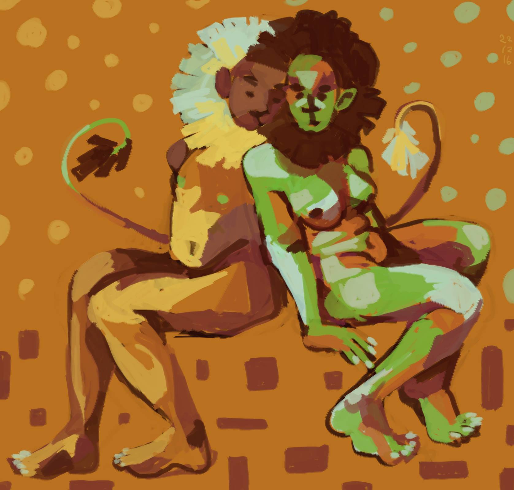 Orange humanoid lion sitting next to green humanoid lion, leaning on each other.