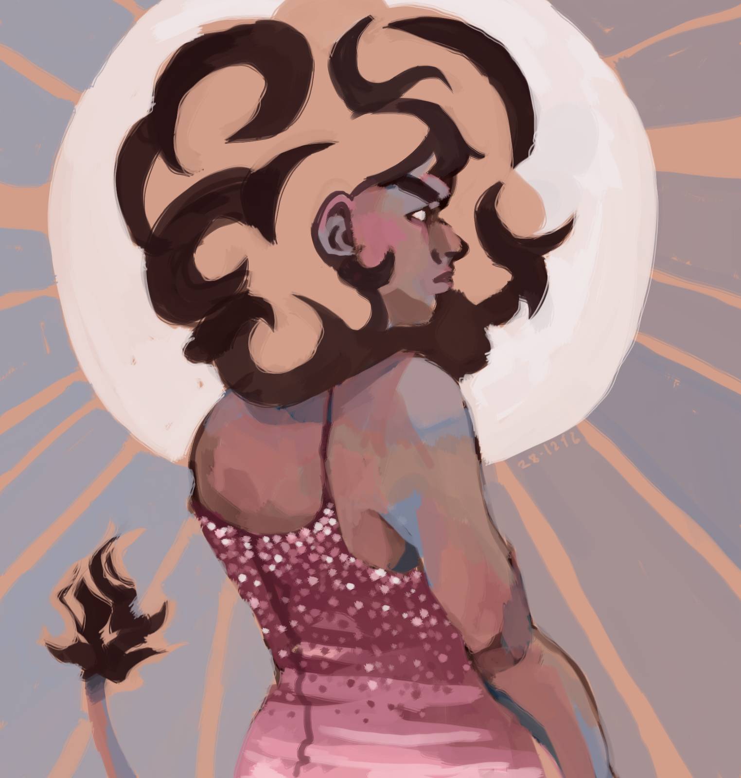 olive skinned lion person standing at quarte back view, wearing a pink dress with sequins, looking perturbed. Big hair