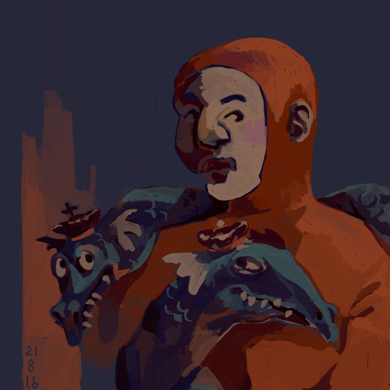 bust of orange bodysuited person in whitefaced makeup, with two crowned lindwurms