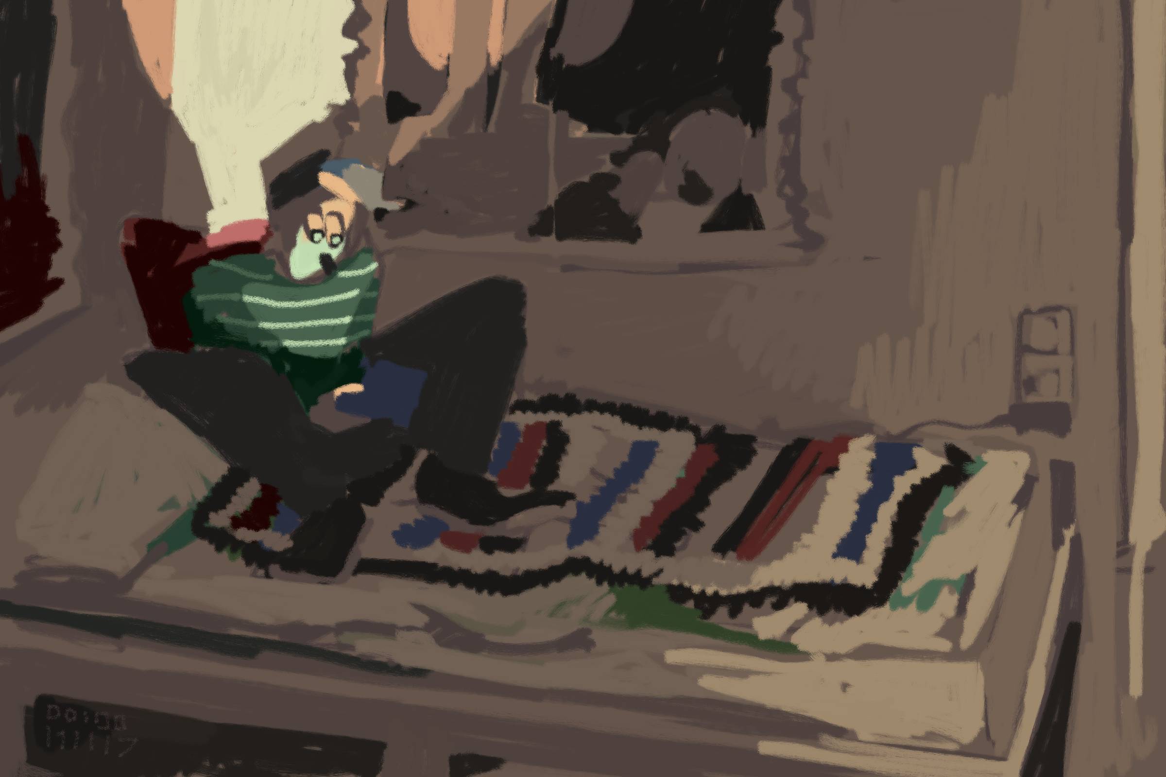 Rough painting of a person from a distance, sitting on a bed, face lit up by something (Artists note: It is a Nintendo DS)