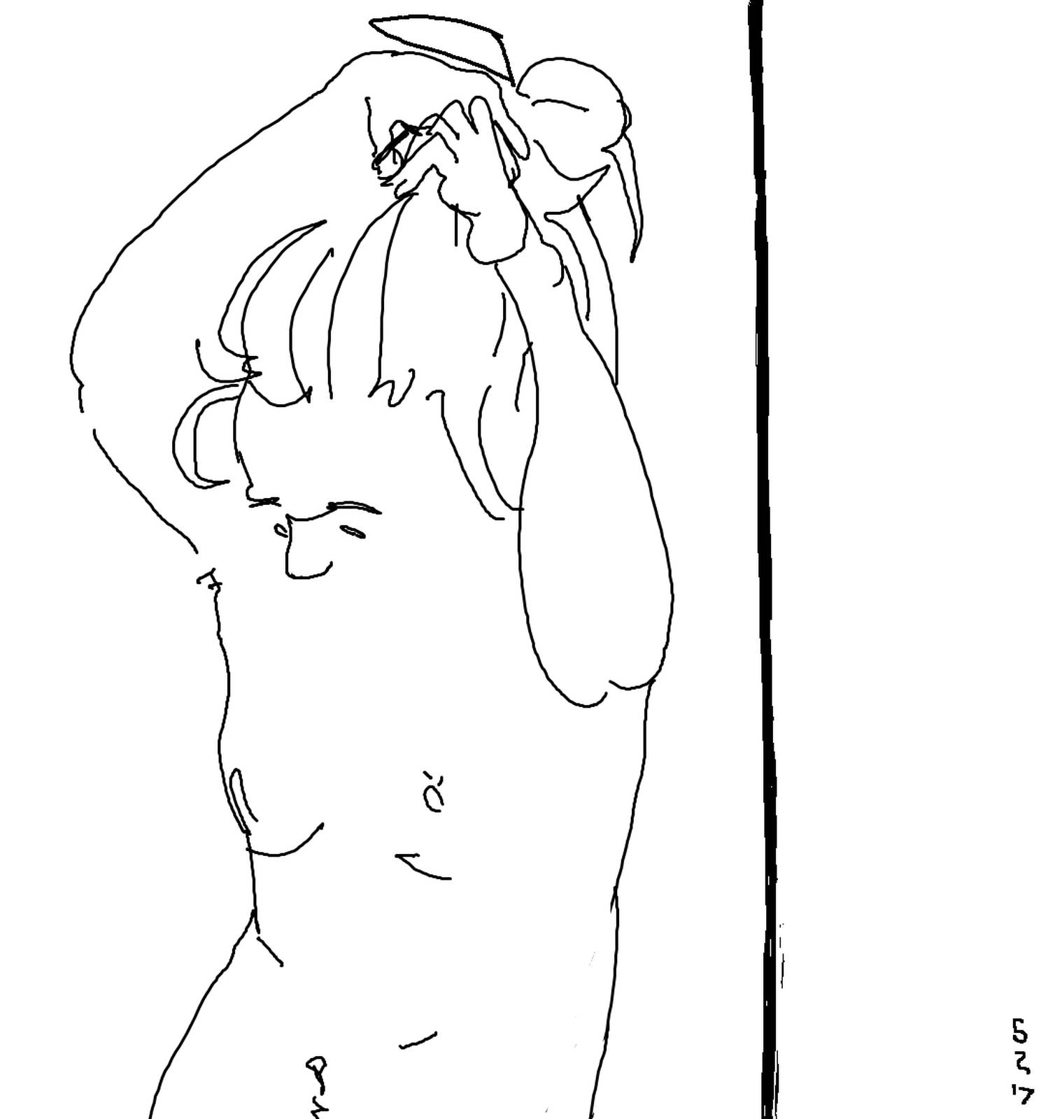 MSpaint sketch of someone tying their hair up, shirtless