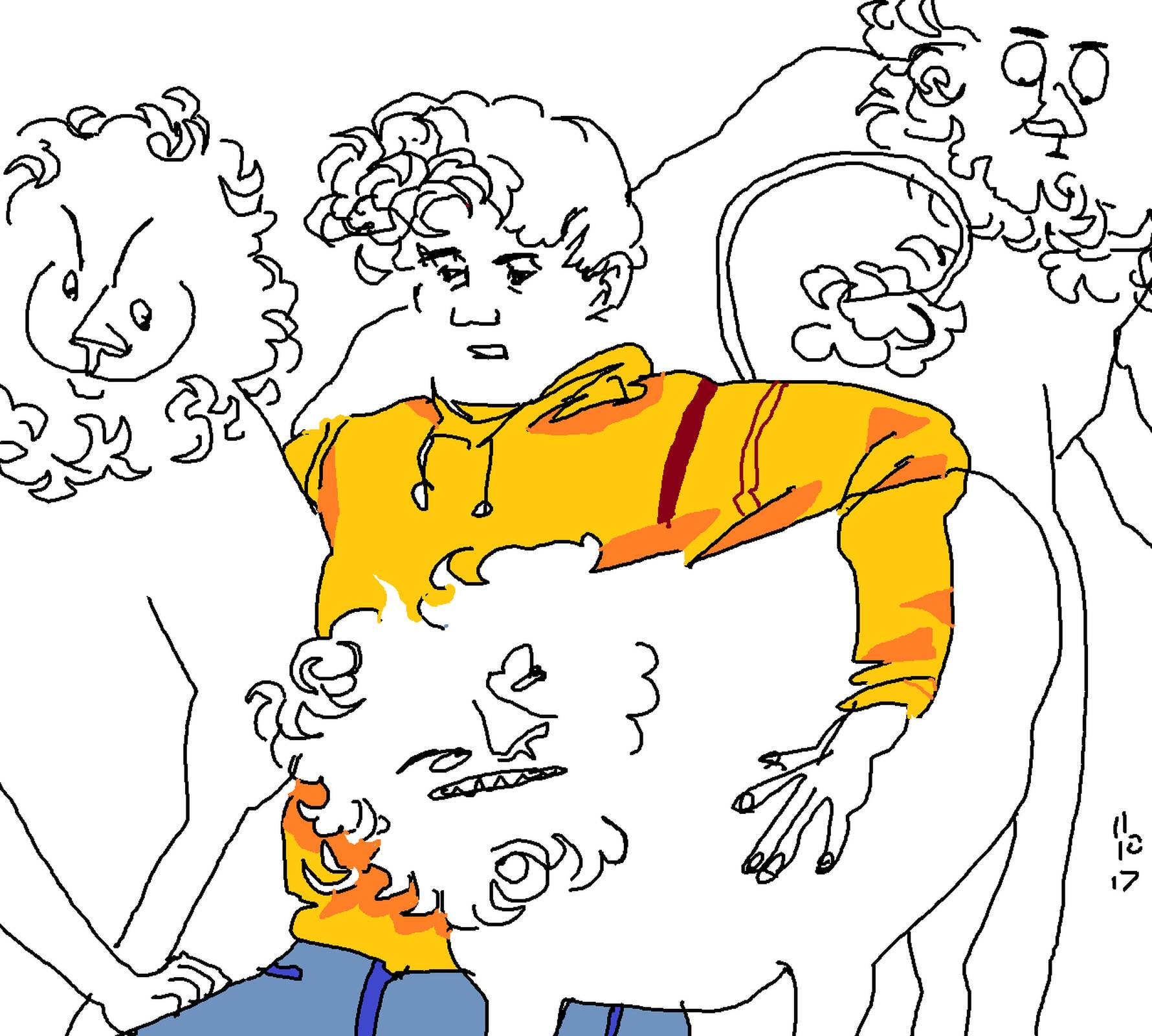 MSpaint drawing of a person in an orange hoodie surrounded by three strange but friendly lions (uncolored)