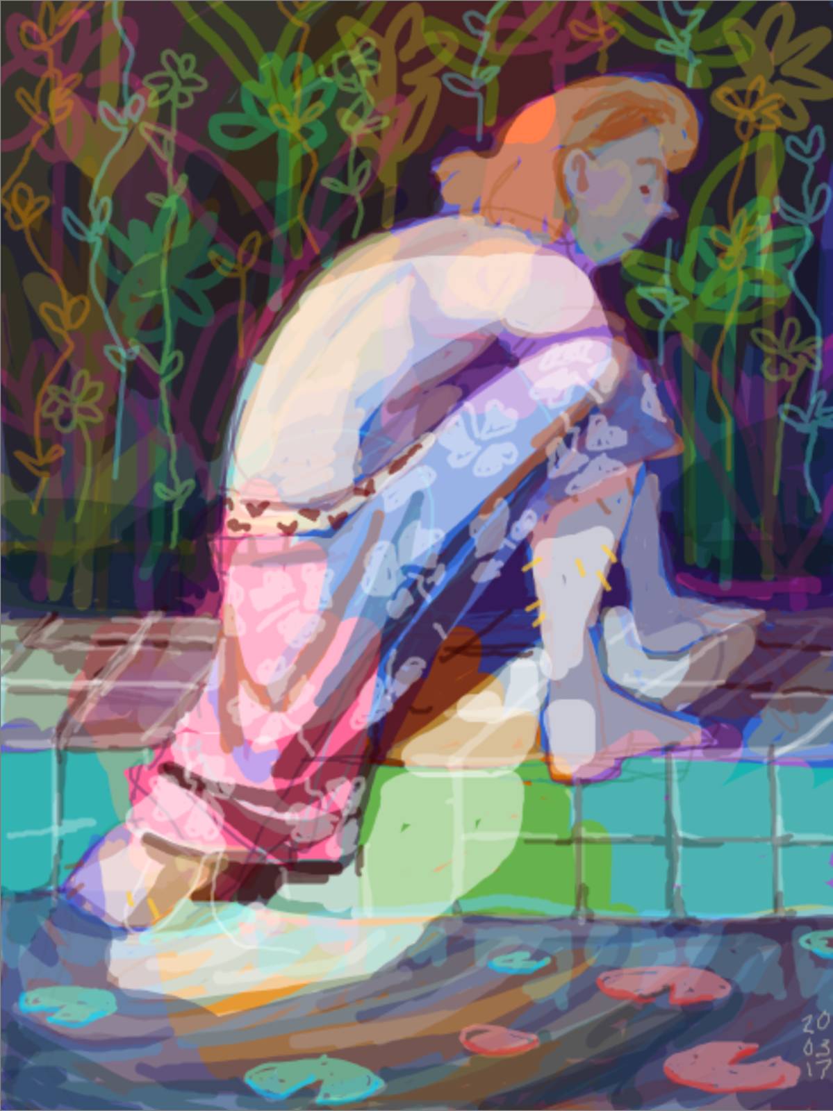 Tegaki drawing on someone in hawaii print shorts climbing out of an overgrown swimming pool into tall plants. There is a spotlight on them!?