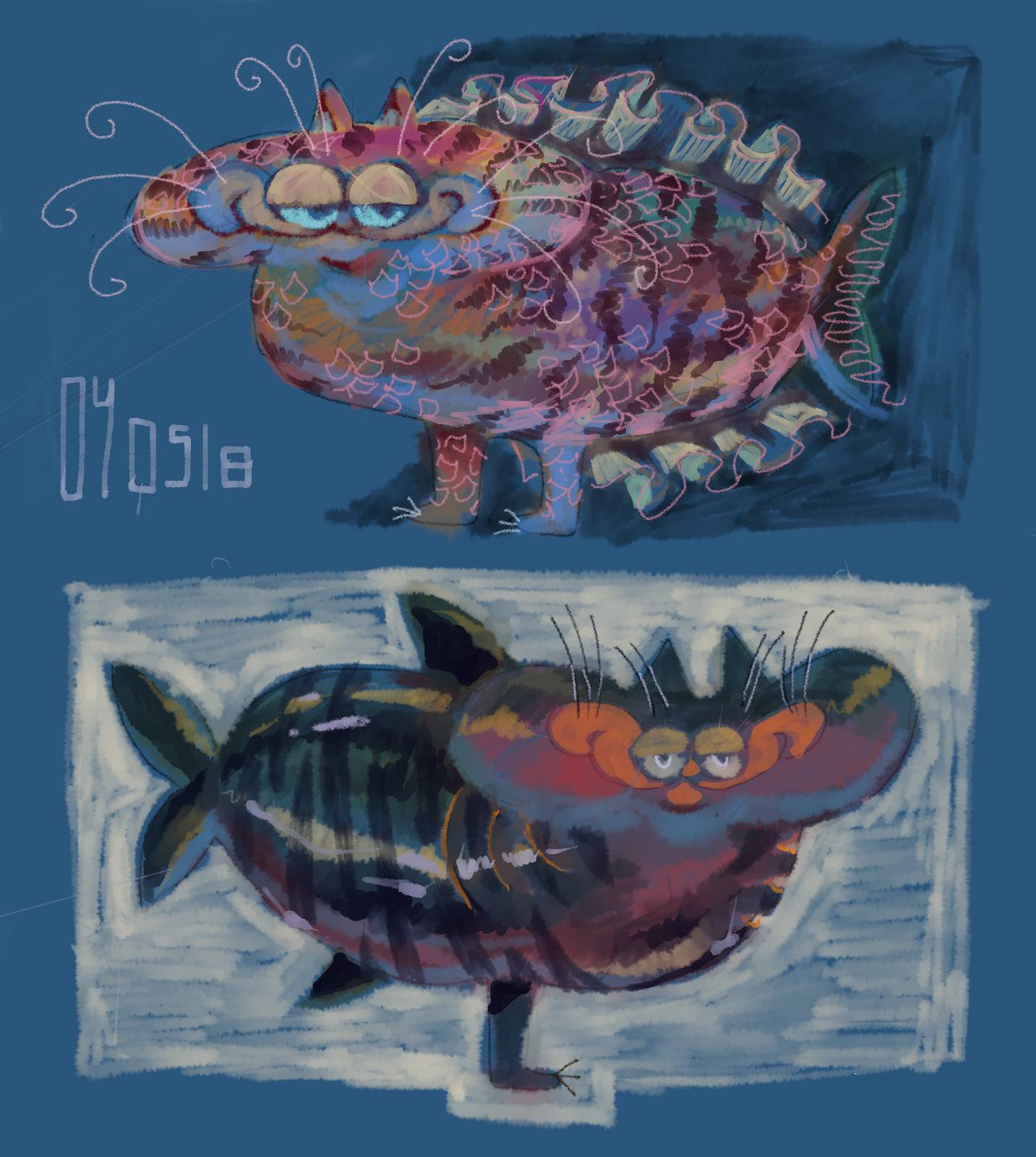 Two garfield mermaids. One colorful with frilly fins. The other a sleek shark. They have a resemblance to cocktail sausages.