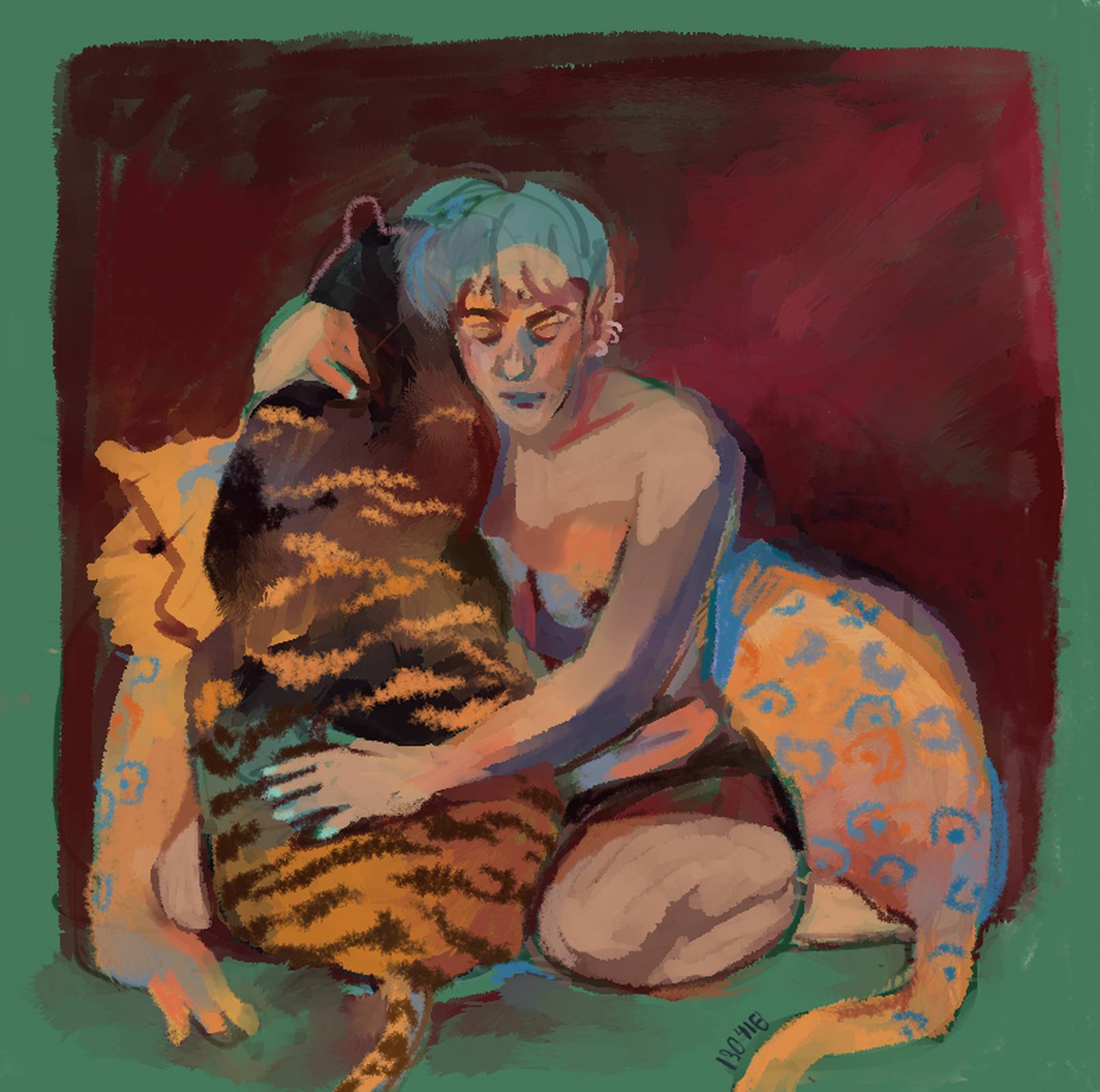 Person in underwear hugging some kind of big feline, second one lounging.