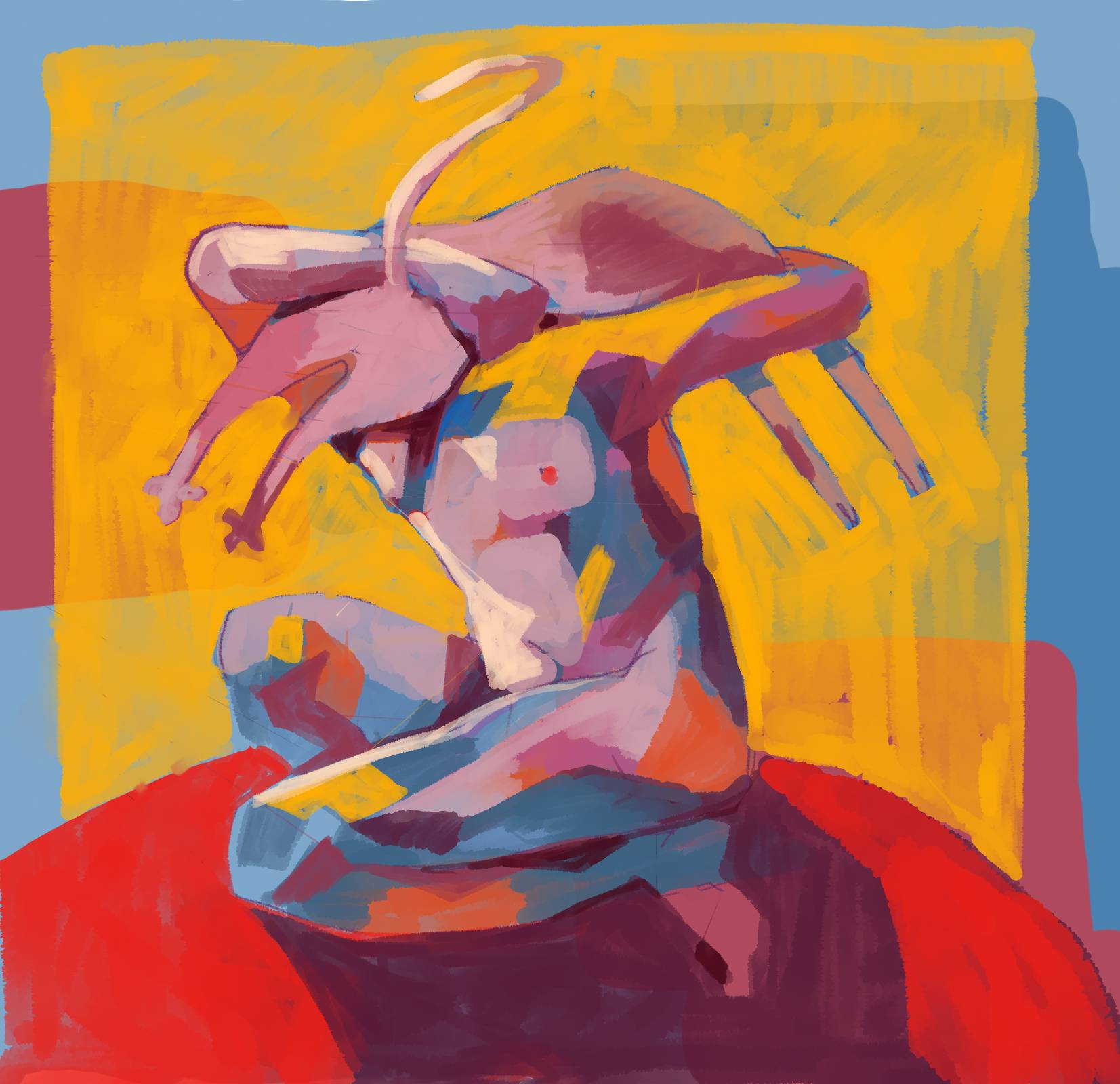 Headless, naked body holding a pink, headles (?) cat over its shoulders. Primary color focus.
