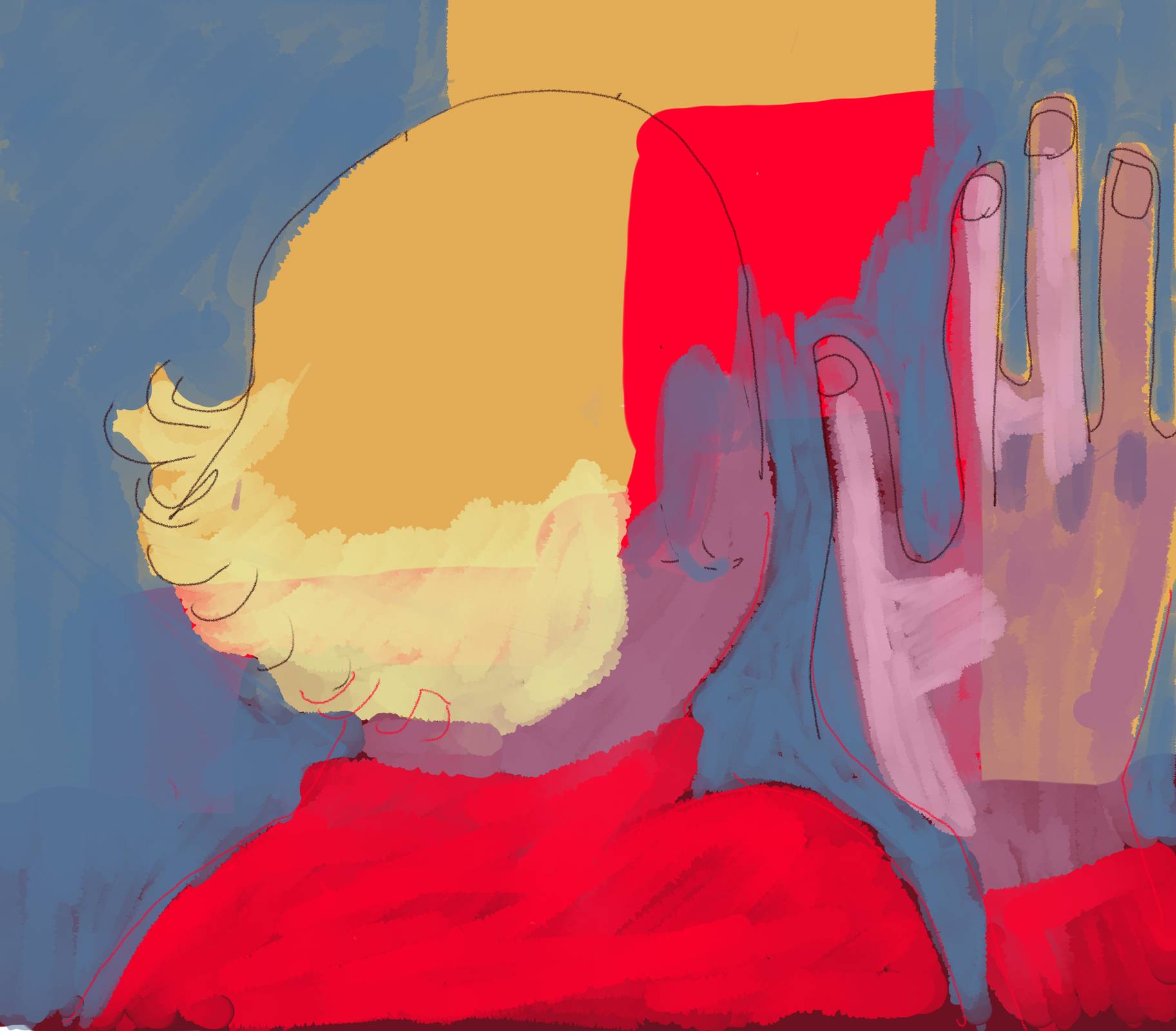 Face turned away holding up a huge hand. Primary colors dominantly.