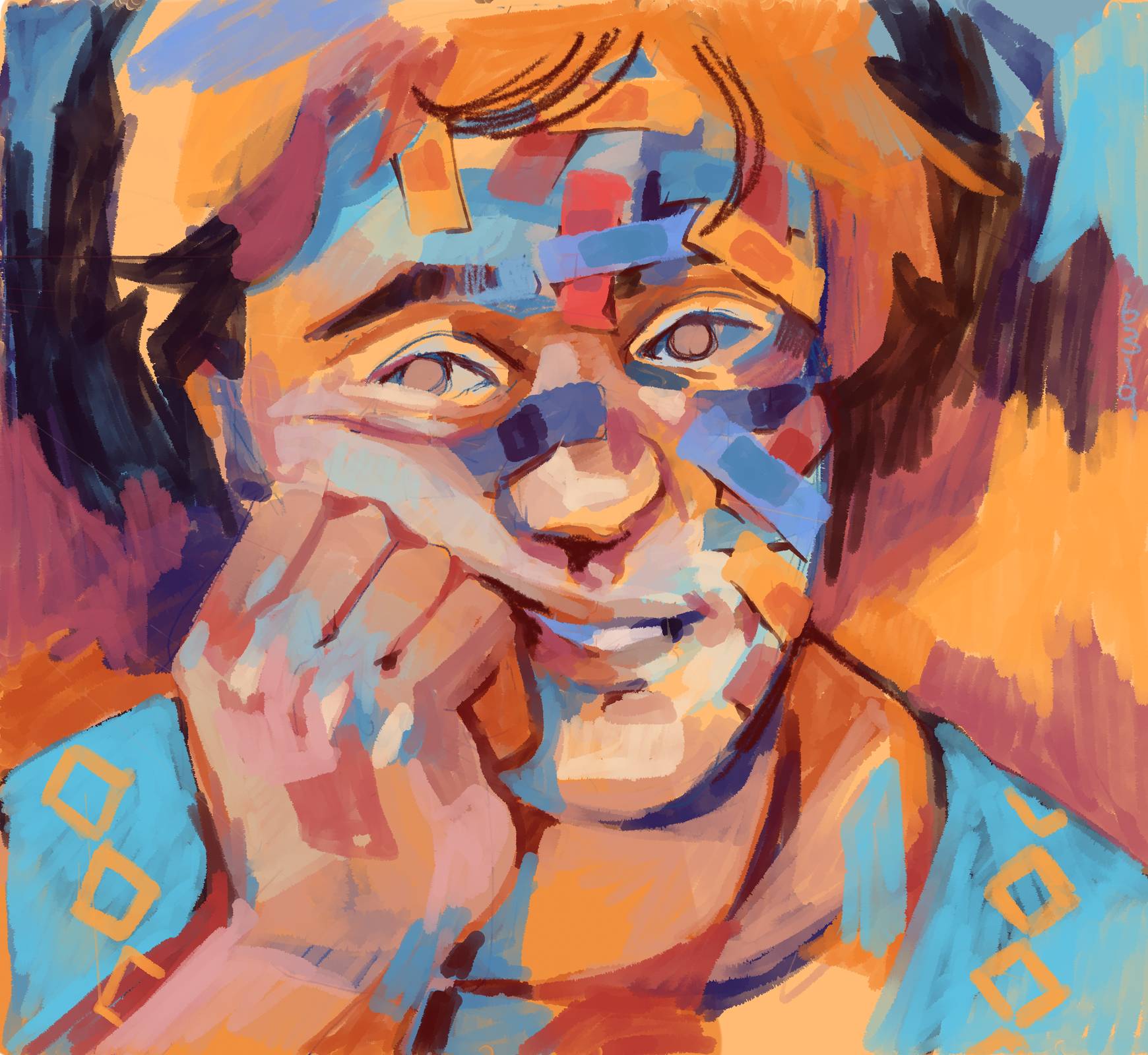 Portrait of someone with many primary color bandaids, looking at the viewer.