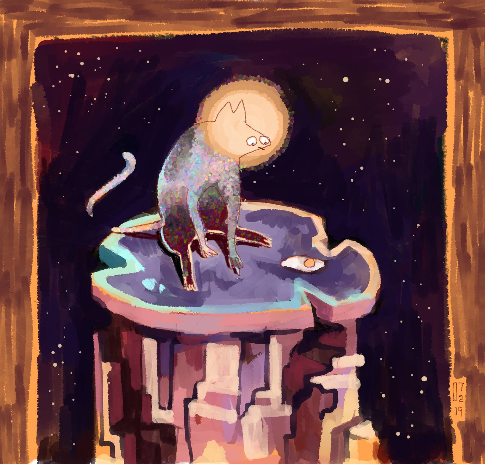 Funny little cat with a halo sits on top of a tower in the universe, staring at a fried egg