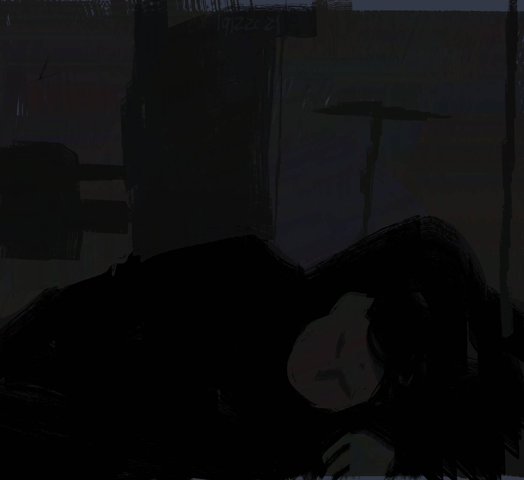 Dark painting of a person lying down, eyes closed