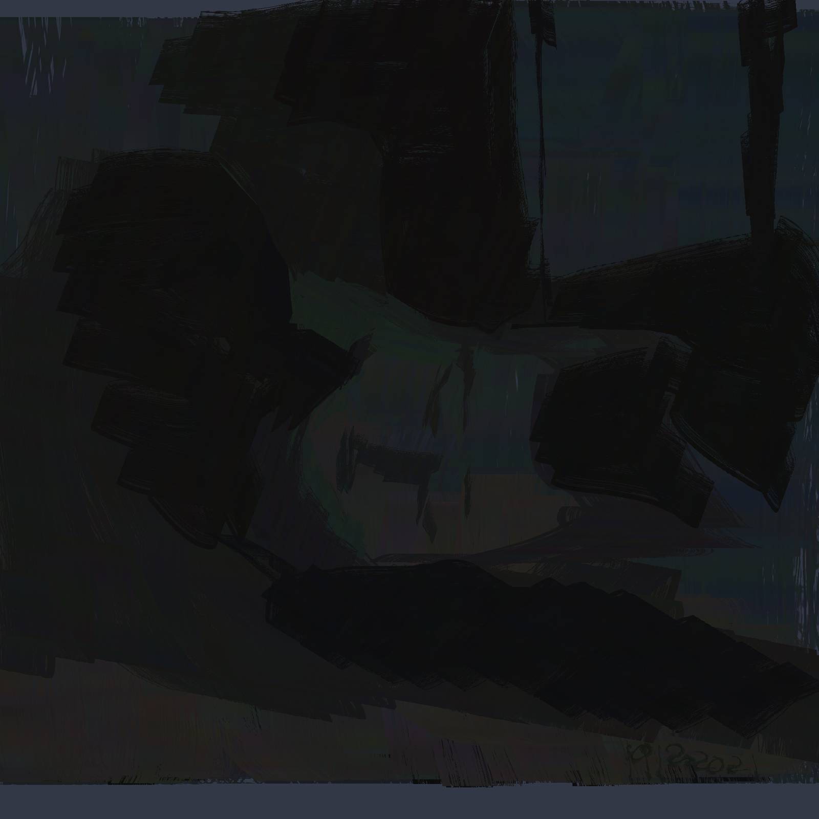 Dark painting of a person lying down, eyes closed