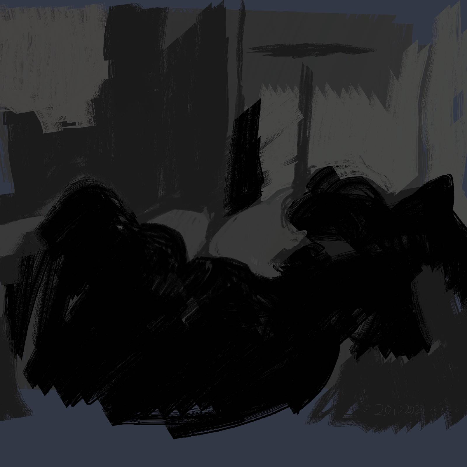 Dark painting of a person lying down, facing away