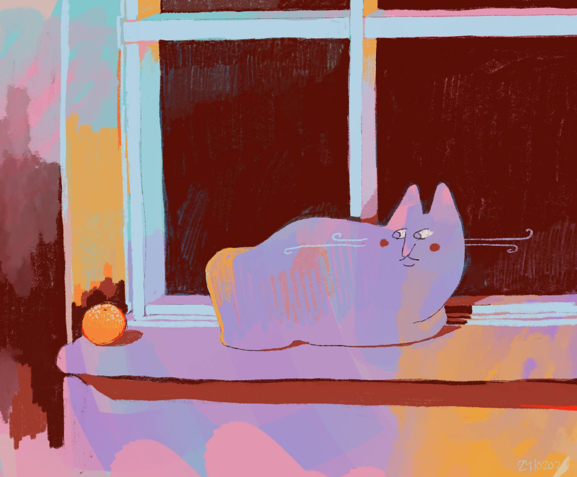 Purple-ish drawing of a cat loafing on a windowsill, staring at an orange. Emotions are unclear