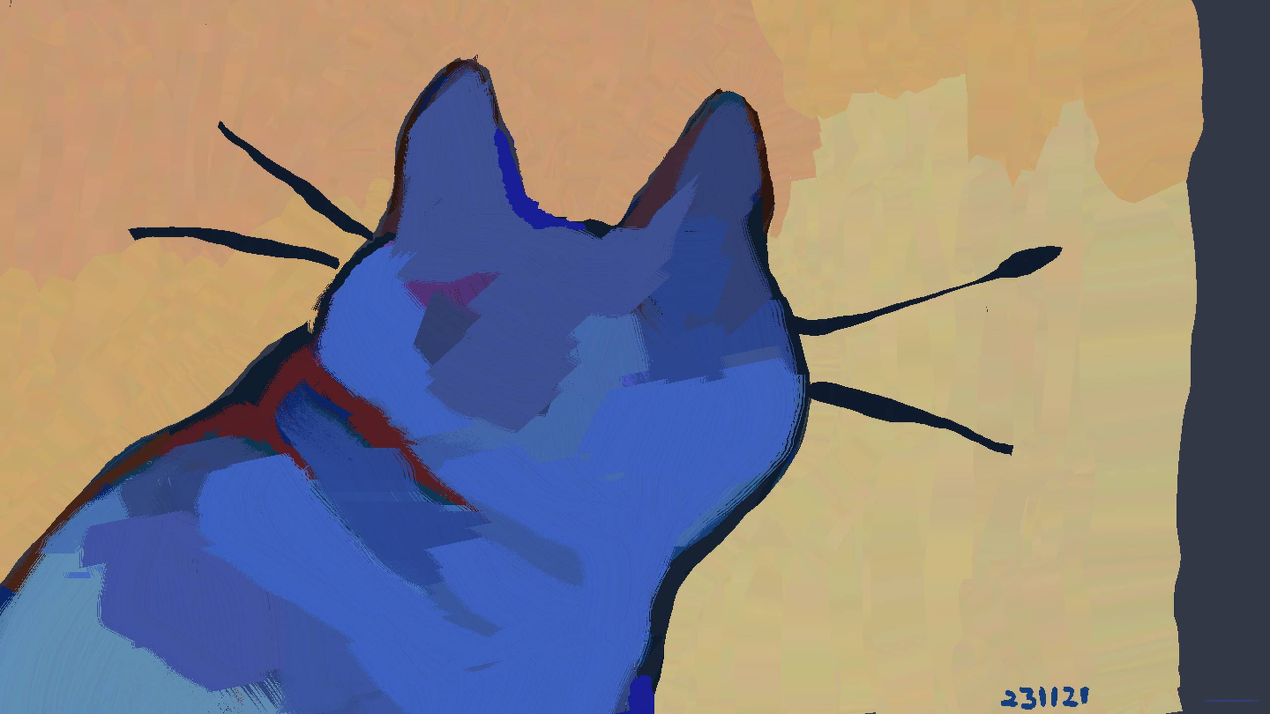 A simple, lined painting of the bust of a cat, facing away. The cat is blue, with red accents, the background bright yellow. The style is vaguely expressionistic