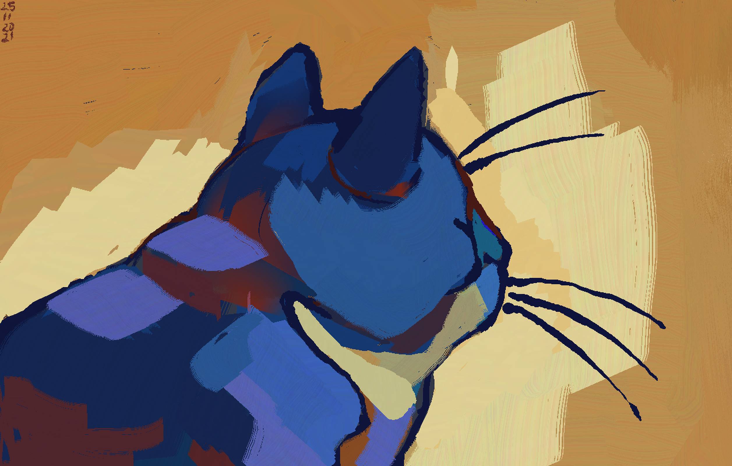A simple, lined painting of the bust of a cat, facing mostly away, it's head turned slightly so one closed eye and the snout is visible. The cat is blue, with red and yellow accents, the background bright yellow and orange. The style is vaguely expressionistic. The cat looks chill                        