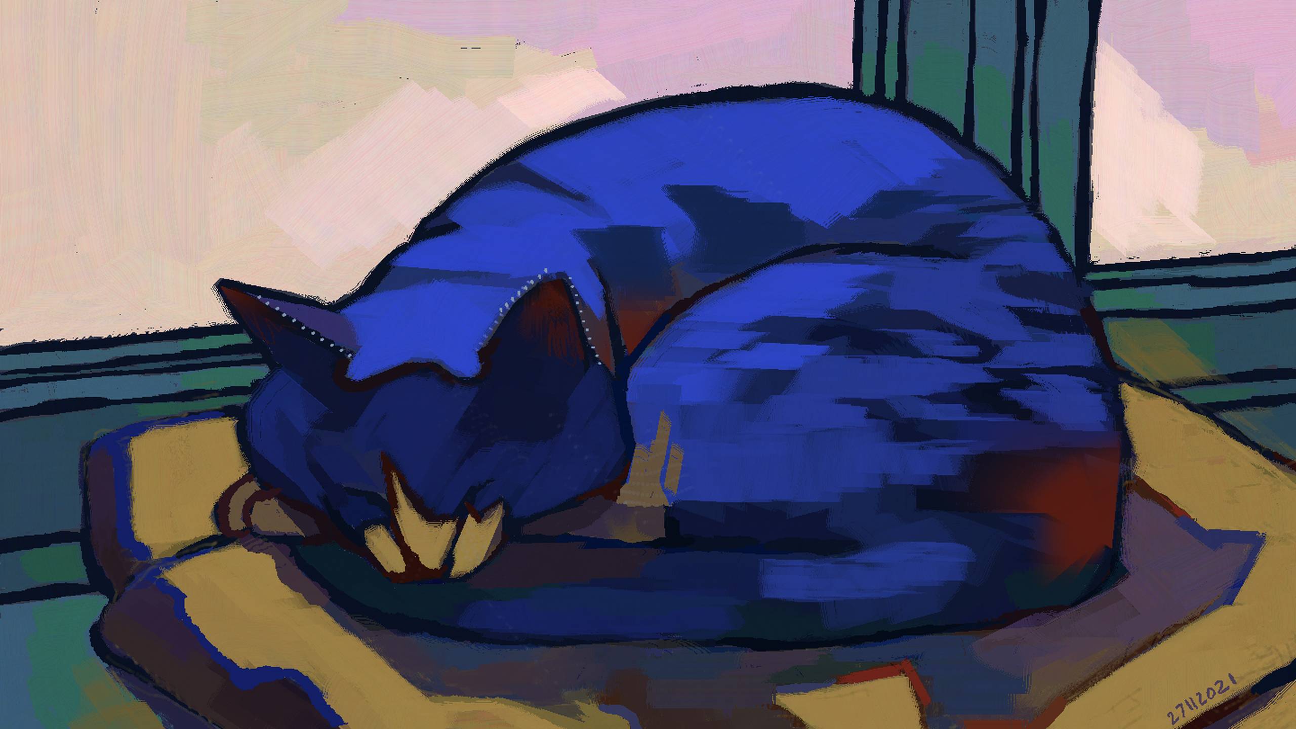 A tuxedo cat curled up on a windowsill, painted in blue and yellow. The colors are bold, and the lines thick.