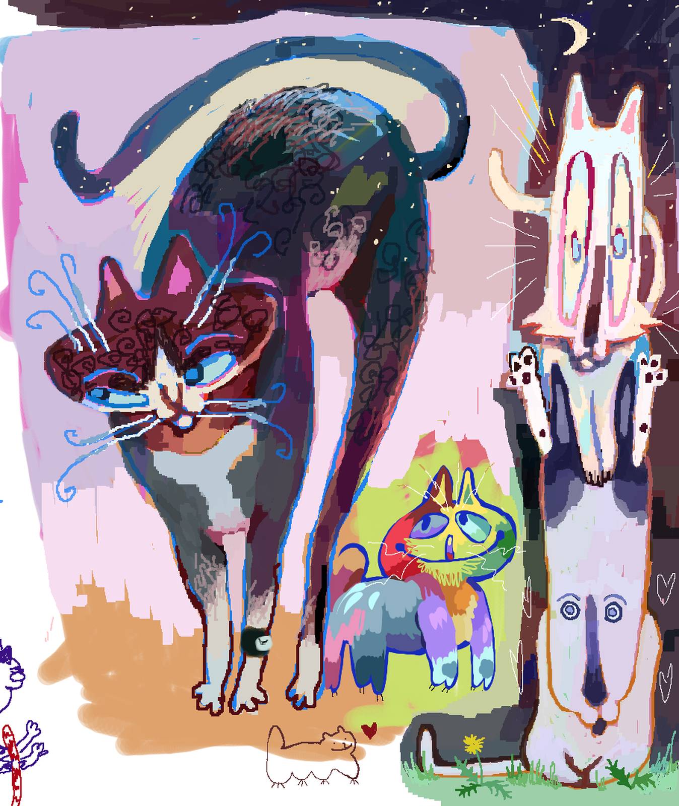 Collagestyle drawing of a cat raising its back and looking thoughtful. It's butt blends into the night sky. at its feet, a small cat, and beside this drawing, two curious, long-faced cats, one sitting on the other's head