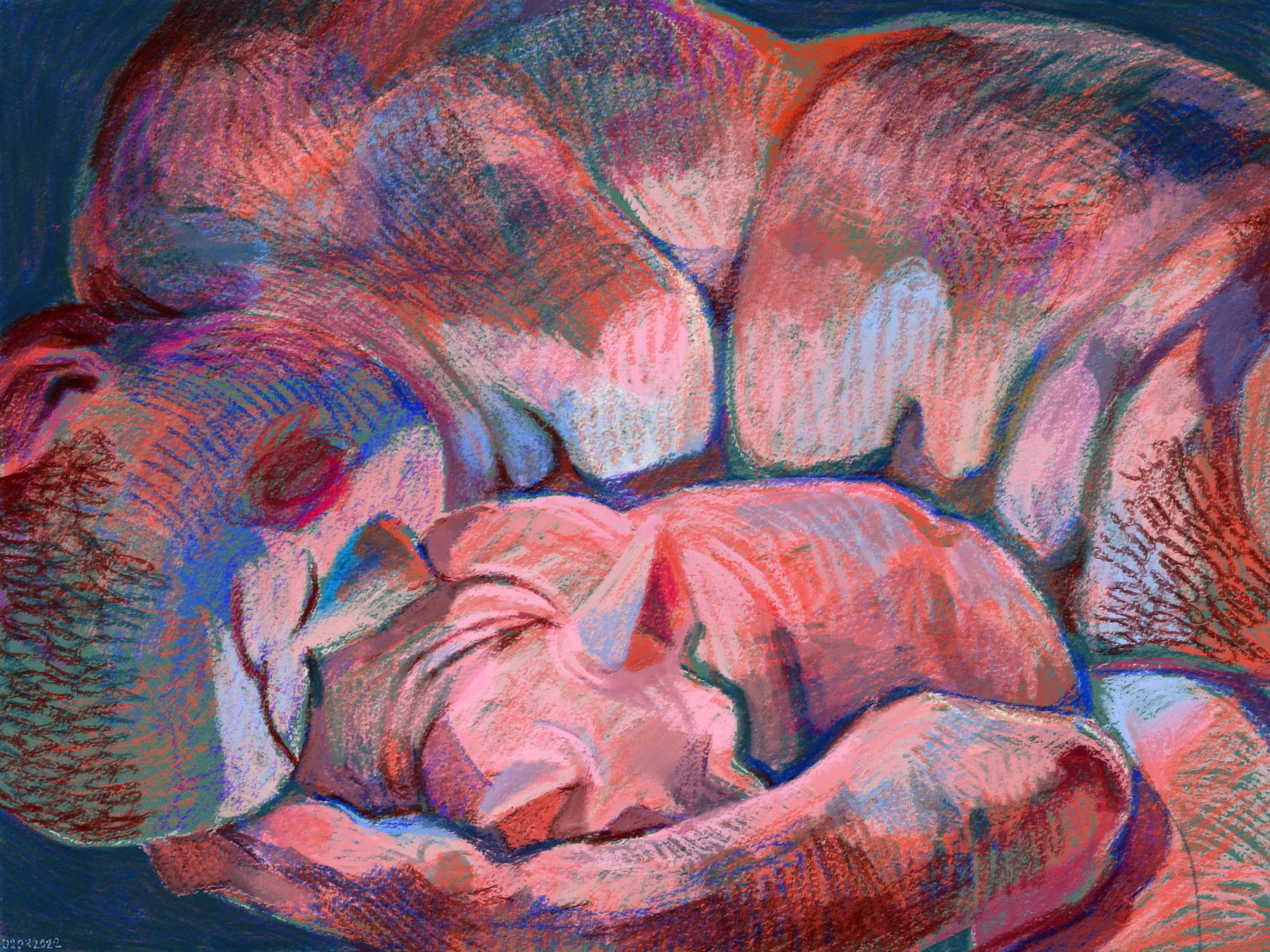 A colored drawing with a crayonlike texture and warm, orange, red tones. It features a naked person with closed eyes, curled around a hairless cat. The mood is calm