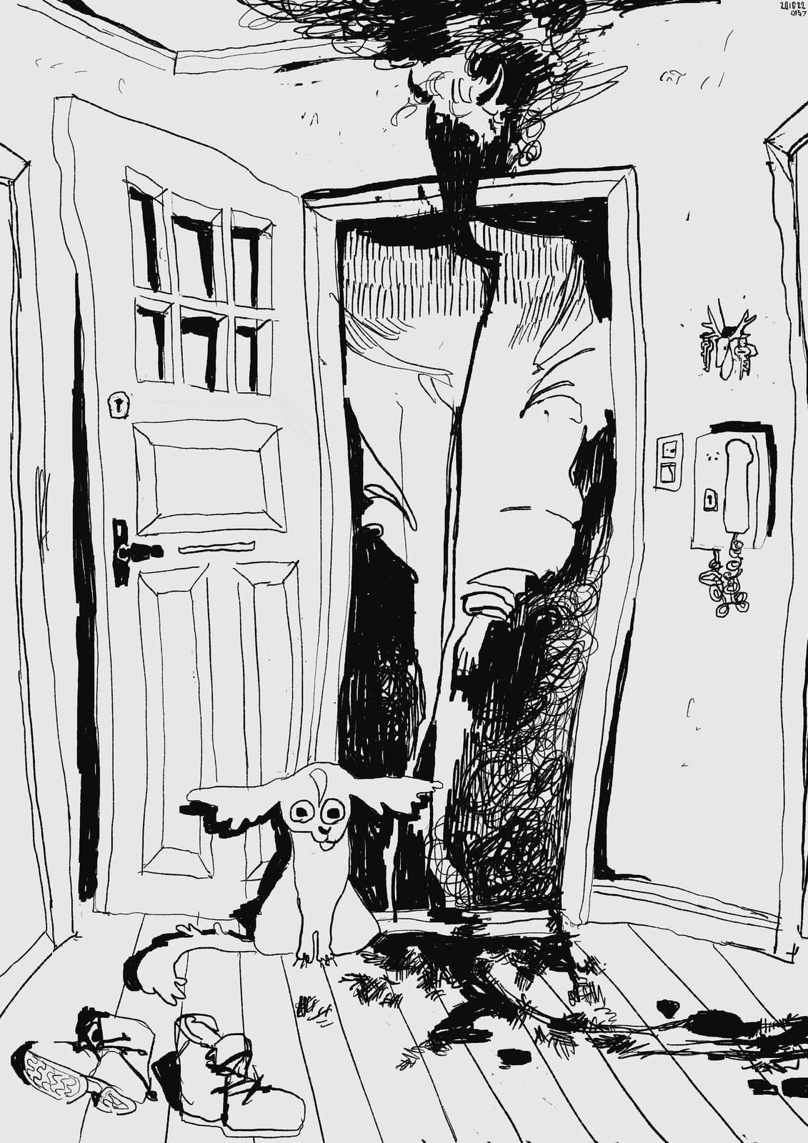 Black and white line drawing, showing a distorted entryway with an open door. Almost too big for the doorway, poking its head inside, is a fucked up bulky, lanky figure with no real face, two horns, and a silly little baby hand poking out from its suitlike clothes. In front of it, the dog, a cute and goofy little cavalier spaniel. The light is dramatic, eeire, and blood tracks lead from the door off to the right side, cut off by the edge of the picture.