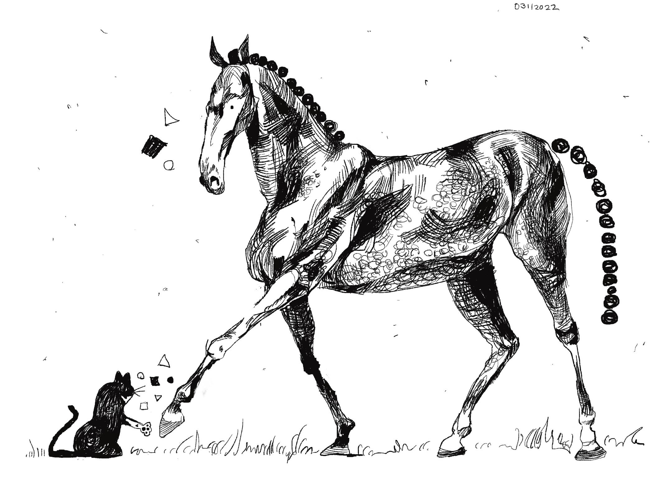 Line drawing of a dark horse and a tuxedo cat playing rock paper scissors, somehow. They are friends