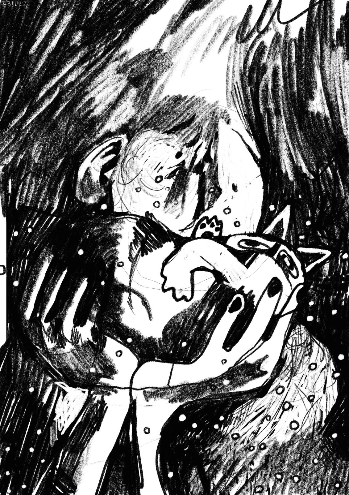 Sketchy black and white drawing of someone crying and holding a potato shaped cat to their face
