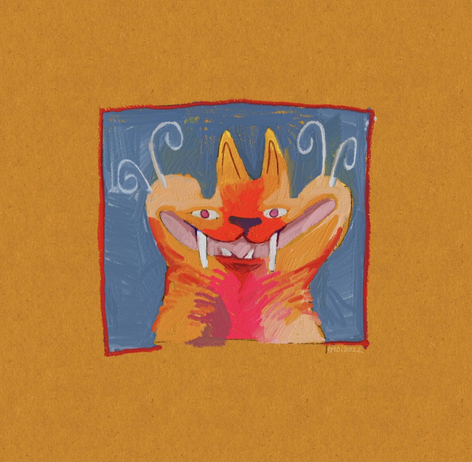 In a little square in the middle is a headshot portrait of a red, yellow, orange colored cat with a big insane grin, big fangs, tiny eyes and swirly whiskers. The portrait has a blue background with a red border. Around the portrait, most of the picture is left a textured, warm orange