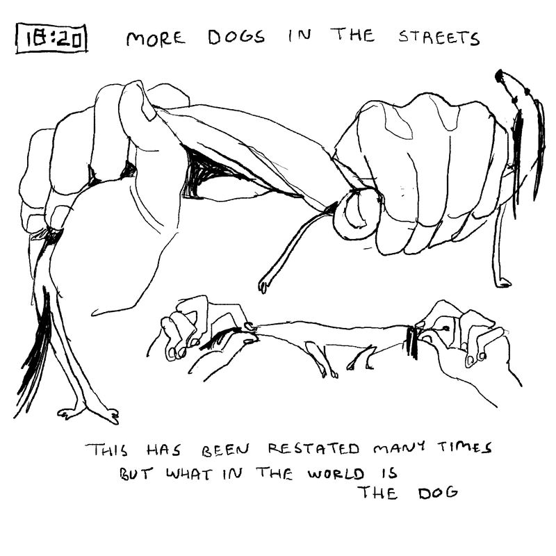 18.20pm. More dogs in the streets. This has been restated many times but what in the world is the dog. Shows a dog getting wrung out and stretched by hands.