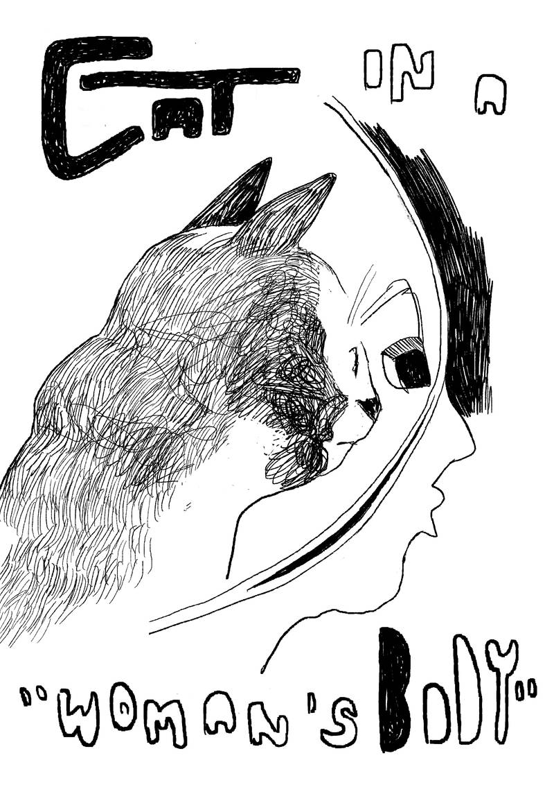 'Cat in a woman's body', crosscut of a human head, revealing cat inside, looking out