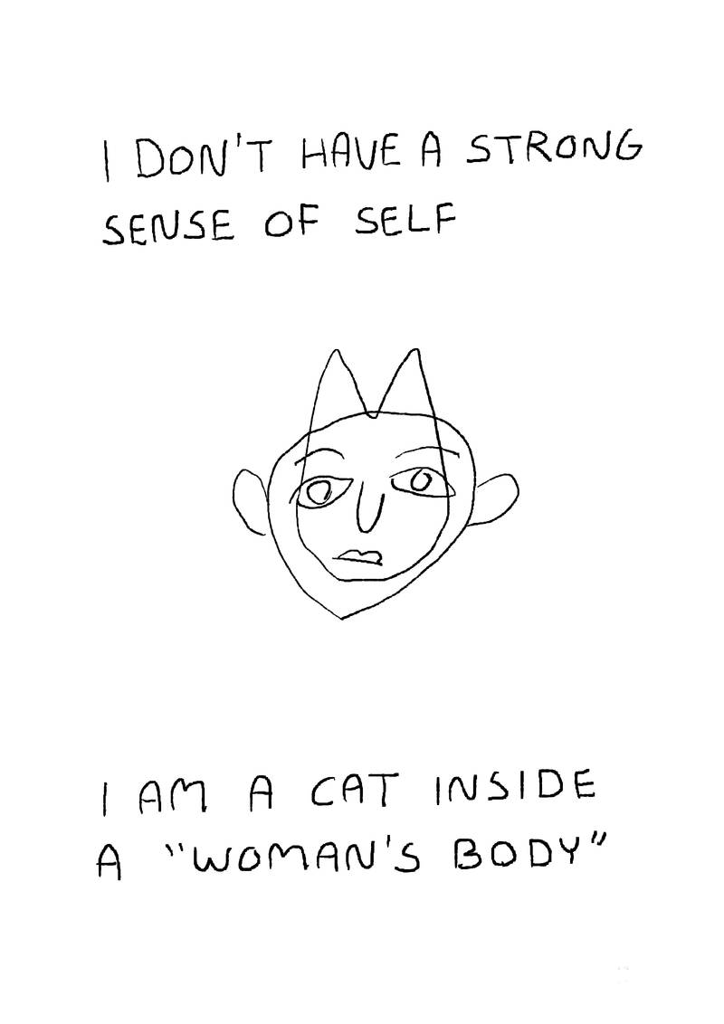 'I don't have a strong sense of self. I am a cat inside a 'woman's body'', cat and human faces overlayed