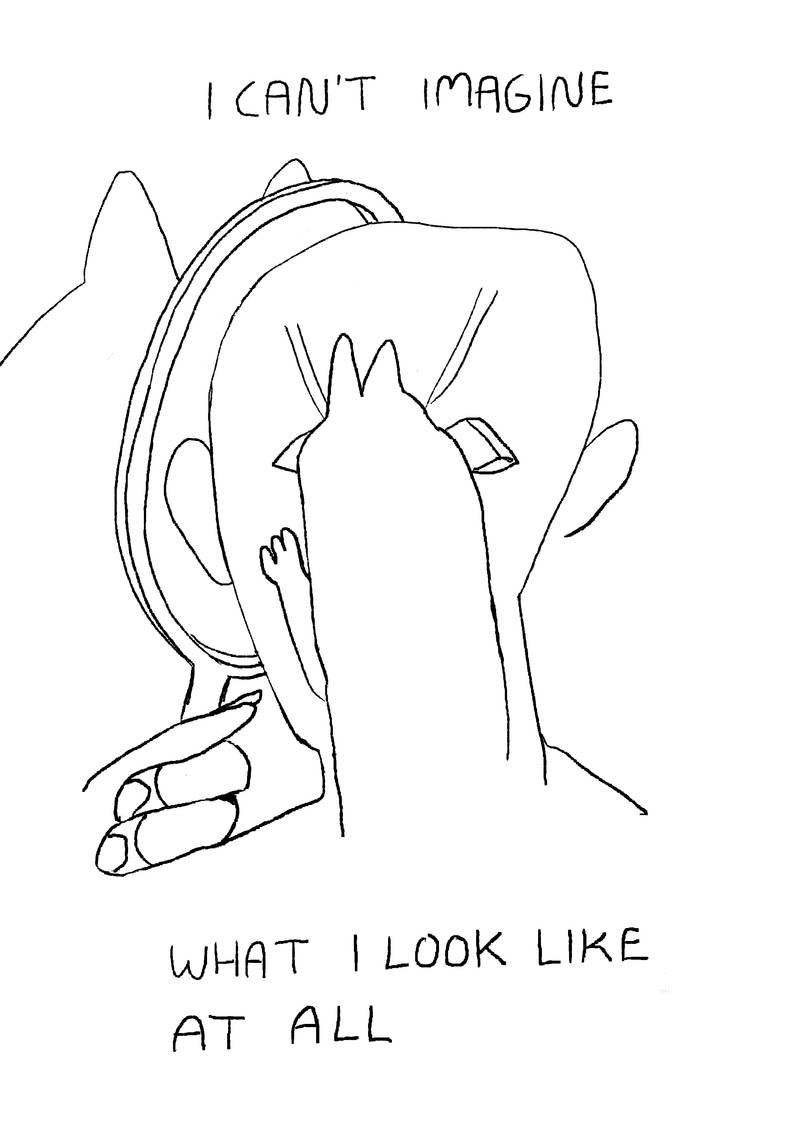 'i can't imageine what i look like at all', cat peeking out of human face that is too close to the mirror again