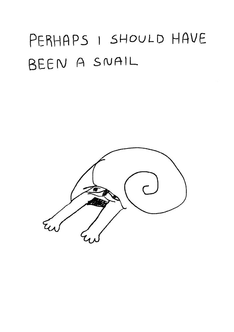'perhaps i should've been a snail', cat peeking out of snail shell