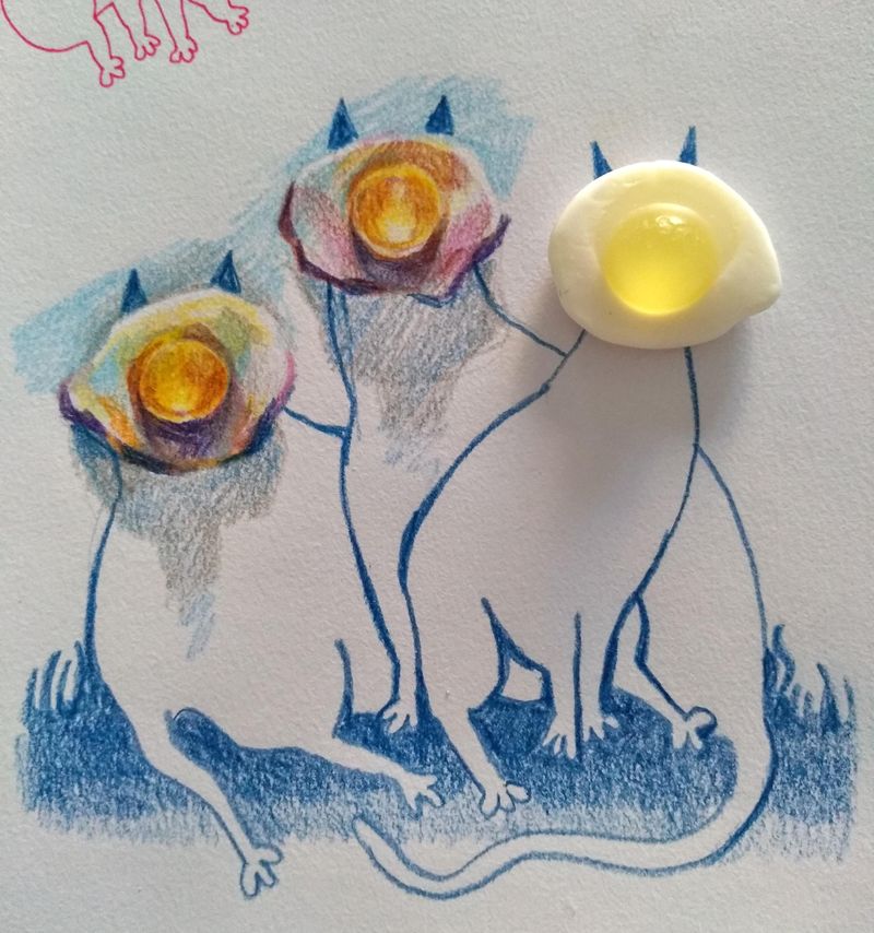three egg cats, one with candy head