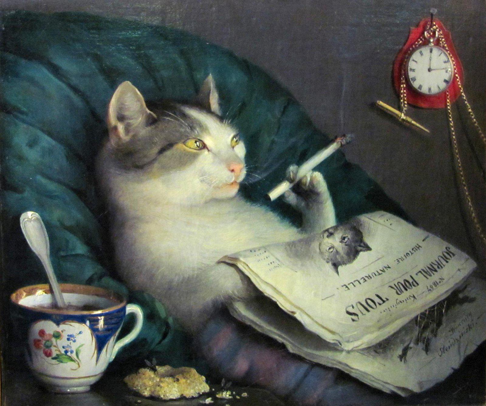 oil paitning of a cat reclining human-style in an armchair, looking thoughtful as it holds a lit cigar.