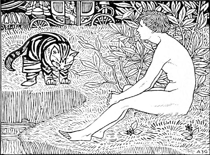 woodcut featuring a naked youth sitting on the grass as a booted tabby cat stares at them so angrily.